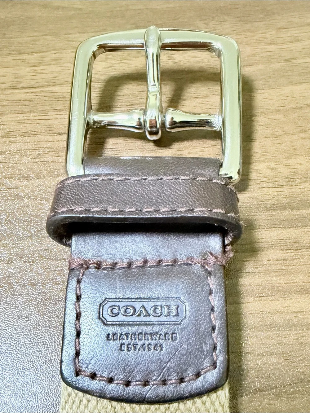 Coach Vintage Tan Woven Canvas & Brown Leather Belt Solid Brass Buckle Size 34